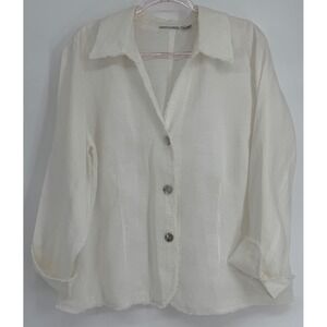 Toto n Ko White 100% Linen Button Up Shirt Fringe Trim Plus Long Sleeve Sz 1X
